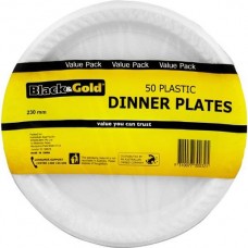 BLACK & GOLD PLASTIC DINNER PLATES 23MM 50S Pack Size: 6